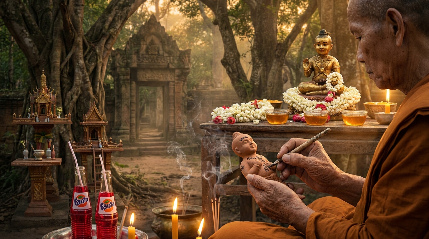 Thailändischer Tempel mit Geisterhäusern bei Dämmerung